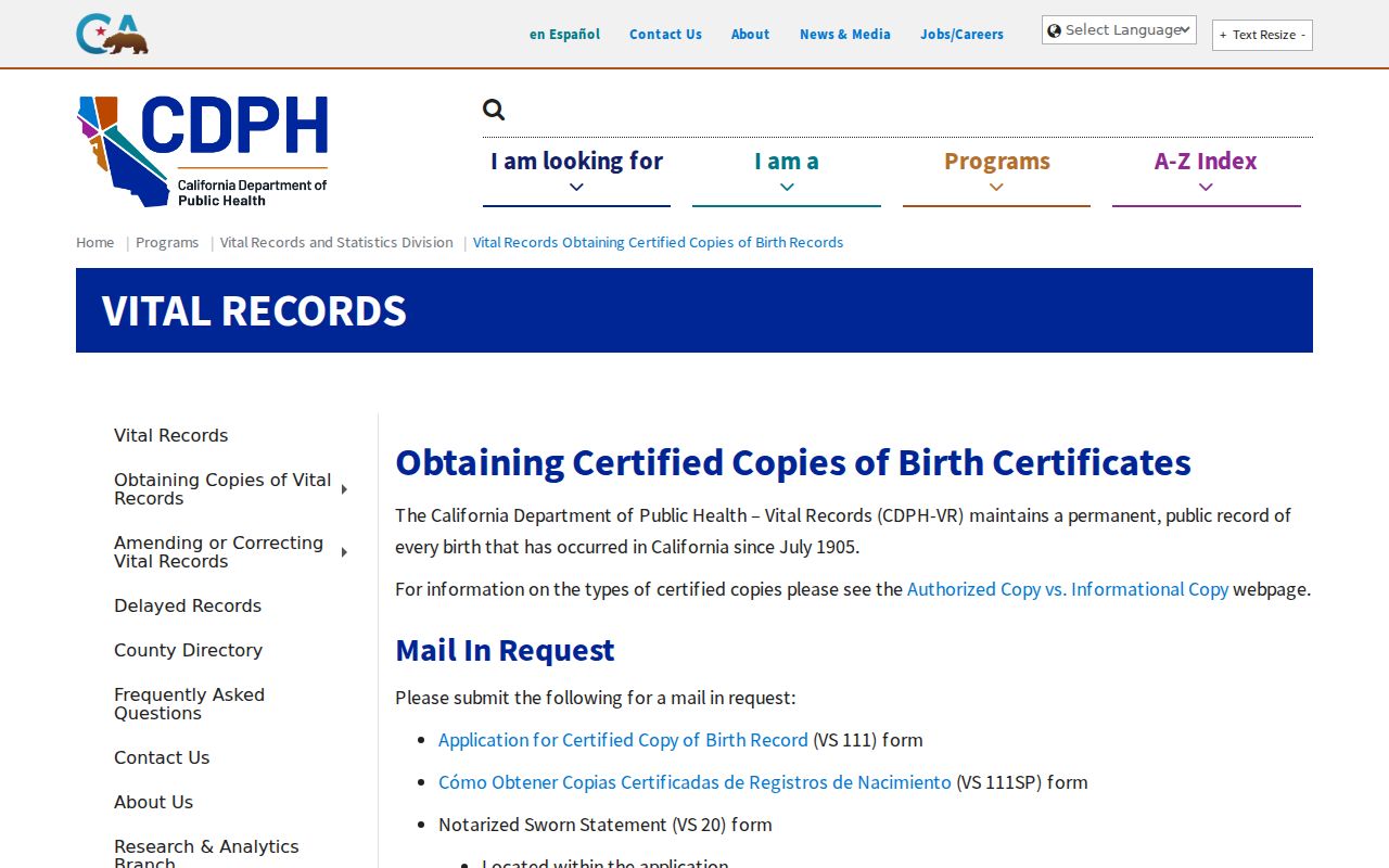 Cerritos previous residents California vital record copy request